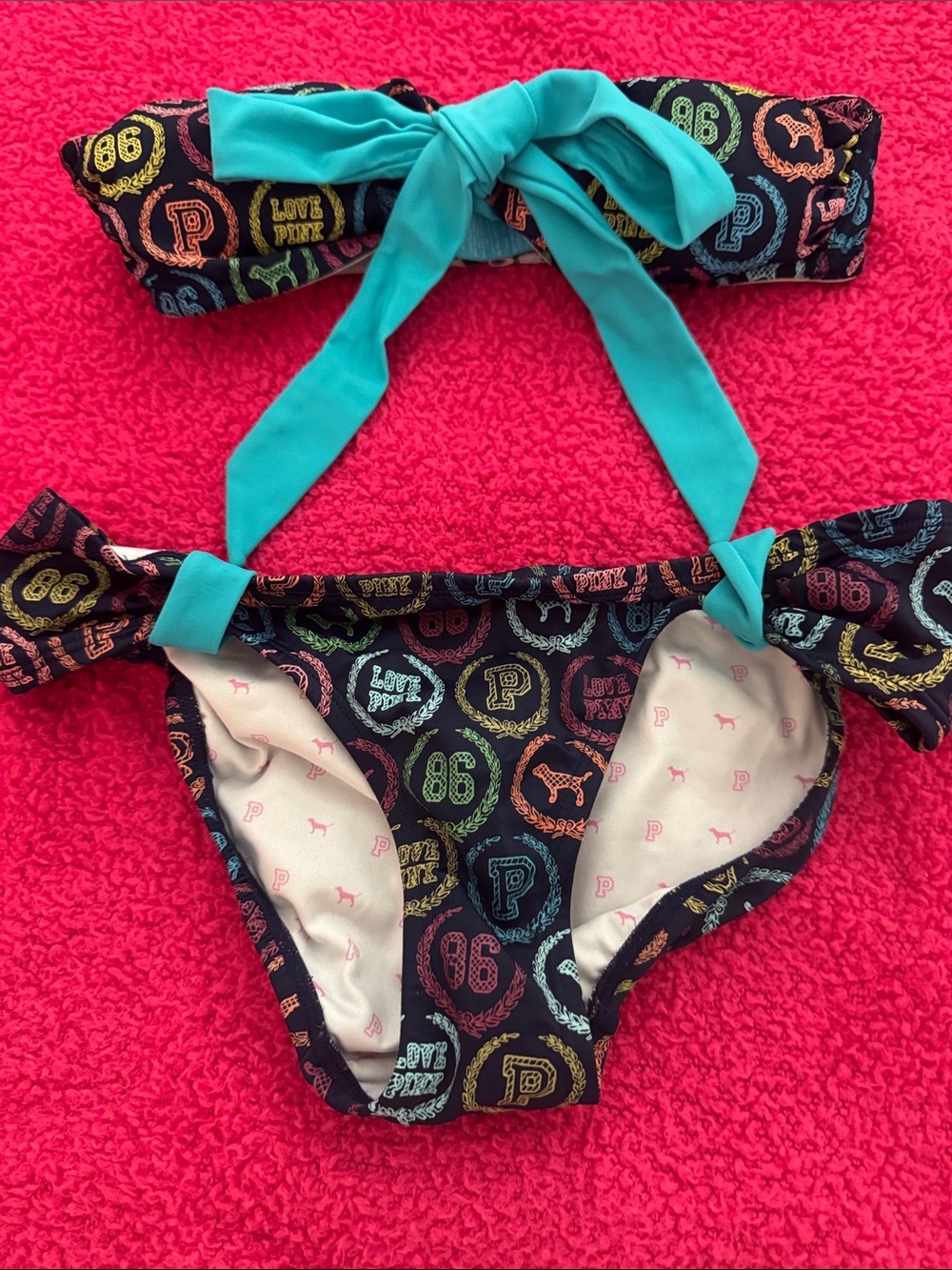 Victoria's Secret Black Multicolor Patterned Bandeau Bikini with Teal Tie - Picture 2 of 8